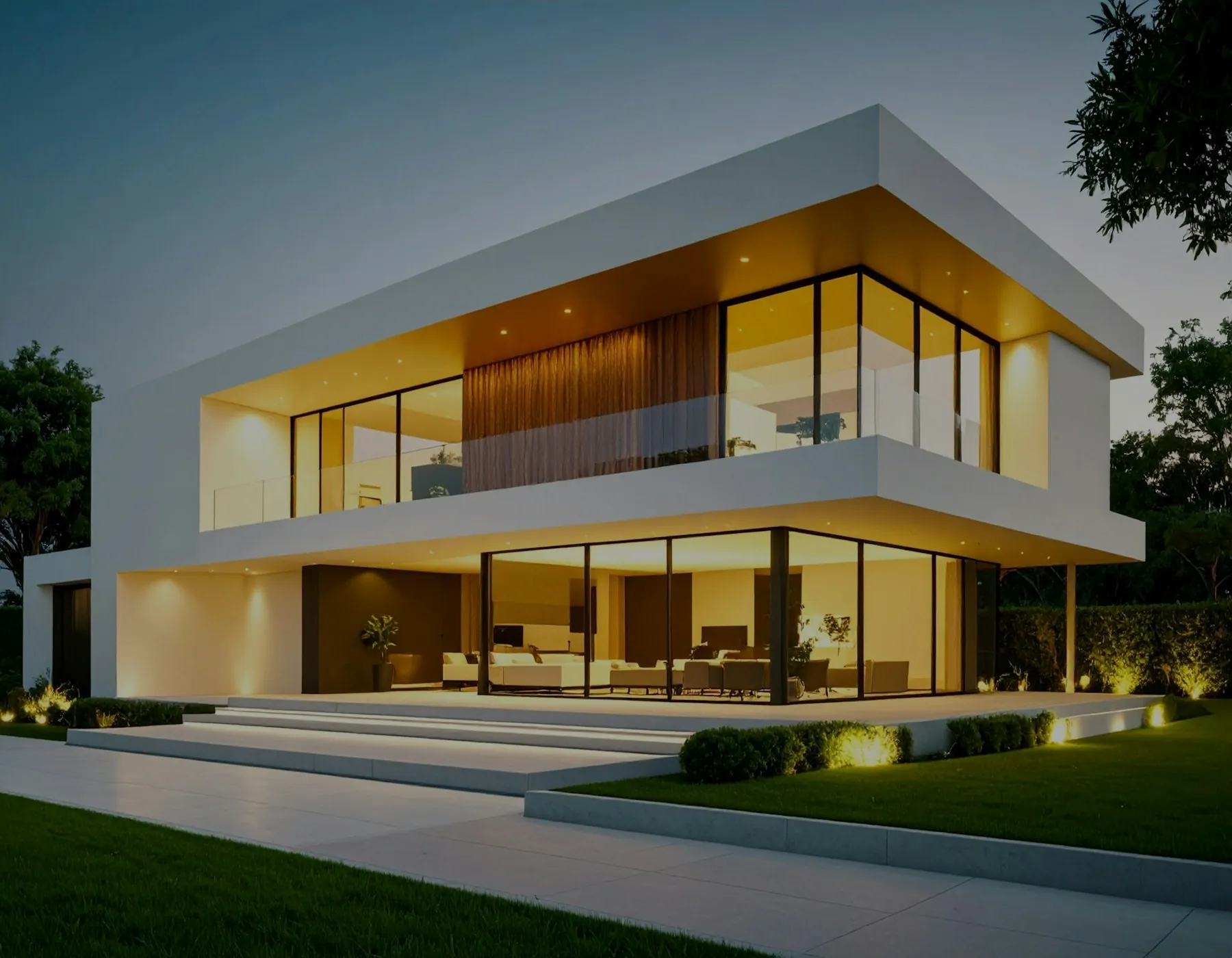 A modern two-storey white house with warm light glowing through its glass walls